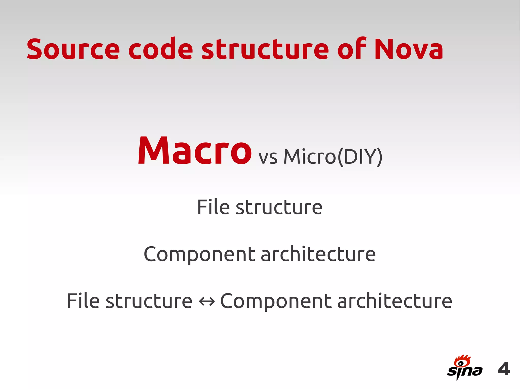 Source code structure of Nova


         Macro vs Micro(DIY)
               File structure

         Component architecture

  File structure ↔ Component architecture


                                            4
 