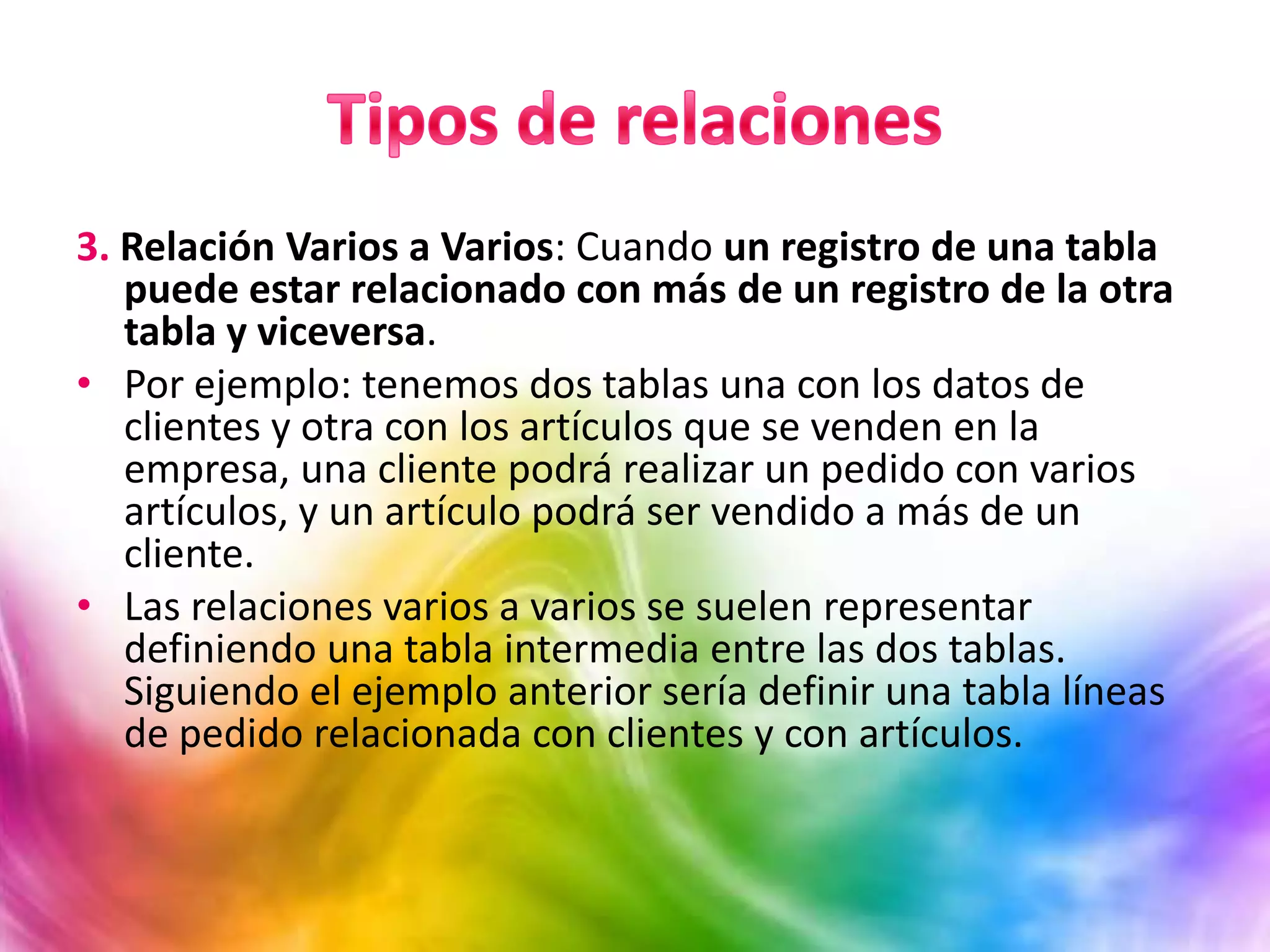 3. Relación Varios a Varios: Cuando un registro de una tabla
puede estar relacionado con más de un registro de la otra
tabla y viceversa.
• Por ejemplo: tenemos dos tablas una con los datos de
clientes y otra con los artículos que se venden en la
empresa, una cliente podrá realizar un pedido con varios
artículos, y un artículo podrá ser vendido a más de un
cliente.
• Las relaciones varios a varios se suelen representar
definiendo una tabla intermedia entre las dos tablas.
Siguiendo el ejemplo anterior sería definir una tabla líneas
de pedido relacionada con clientes y con artículos.
 