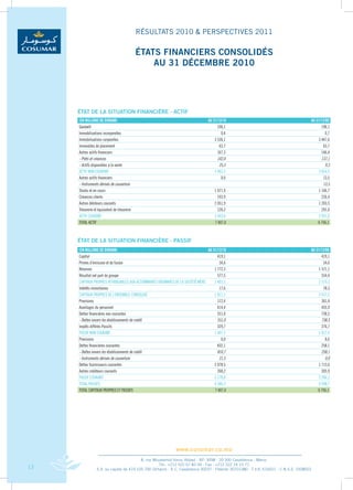 RÉSULTATS 2010 & PERSPECTIVES 2011

                                              ÉTATS FINANCIERS CONSOLIDÉS
                                                  AU 31 DÉCEMbRE 2010




     ÉTAT DE LA SITUATION FINANCIÈRE - ACTIF
     (en Millions de diRhaM)                                                     au 31/12/10                                             au 31/12/09
     Goodwill                                                                          196,1                                                    196,1
     immobilisations incorporelles                                                       0,4                                                      0,7
     immobilisations corporelles                                                     3 536,1                                                  3 447,6
     immeubles de placement                                                             63,7                                                     63,7
     autres actifs financiers                                                          167,3                                                    146,4
     - Prêts et créances                                                               142,0                                                    137,1
     - Actifs disponibles à la vente                                                    25,3                                                      9,3
     aCTiF non CouRanT                                                               3 963,5                                                  3 854,5
     autres actifs financiers                                                            0,0                                                     13,5
     - Instruments dérivés de couverture                                                                                                         13,5
     stocks et en-cours                                                              1 071,9                                                  1 166,7
     Créances clients                                                                  193,9                                                    226,4
     autres débiteurs courants                                                       2 051,9                                                  1 203,5
     Trésorerie et équivalent de trésorerie                                            126,2                                                    291,6
     aCTiF CouRanT                                                                   3 443,8                                                  2 901,6
     ToTaL aCTiF                                                                     7 407,4                                                 6 756,1



     ÉTAT DE LA SITUATION FINANCIÈRE - PASSIF
     (en Millions de diRhaM)                                                     au 31/12/10                                             au 31/12/09
     Capital                                                                           419,1                                                    419,1
     Primes d’émission et de fusion                                                     34,6                                                     34,6
     Réserves                                                                        1 772,3                                                  1 571,1
     Résultat net part du groupe                                                       577,5                                                    554,4
     CaPiTauX PRoPREs aTTRibuabLEs auX aCTionnaiREs oRDinaREs DE La soCiéTé MèRE     2 803,5                                                  2 579,2
     intérêts minoritaires                                                              17,6                                                     78,3
     CaPiTauX PRoPREs DE L’EnsEMbLE ConsoLiDé                                        2 821,1                                                  2 657,5
     Provisions                                                                        112,4                                                    361,4
     avantages du personnel                                                            414,4                                                    435,9
     Dettes financières non courantes                                                  551,0                                                    738,5
     - Dettes envers les établissements de crédit                                      551,0                                                    738,5
     impôts différés Passifs                                                           329,7                                                    276,7
     PassiF non CouRanT                                                              1 407,5                                                  1 812,4
     Provisions                                                                          0,0                                                      8,6
     Dettes financières courantes                                                      832,1                                                    258,1
     - Dettes envers les établissements de crédit                                      810,7                                                    258,1
     - Instruments dérivés de couverture                                                21,5                                                      0,0
     Dettes fournisseurs courantes                                                   2 078,5                                                  1 713,6
     autres créditeurs courants                                                        268,2                                                    305,9
     PassiF CouRanT                                                                  3 178,8                                                  2 286,2
     ToTaL PassiFs                                                                   4 586,3                                                  4 098,7
     ToTaL CaPiTauX PRoPREs ET PassiFs                                               7 407,4                                                 6 756,1




                                                              www.cosumar.co.ma
                                           8, rue Mouatamid Ibnou Abbad - BP. 3098 - 20 300 Casablanca - Maroc
                                                     Tél.: +212 522 67 83 00 - Fax : +212 522 24 10 71
13                S.A. au capital de 419.105.700 Dirhams - R.C. Casablanca 30037 - Patente 30701380 - T.V.A. 616051 - C.N.S.S. 1928003
 