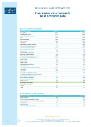 RÉSULTATS 2010 & PERSPECTIVES 2011

                                             ÉTATS FINANCIERS CONSOLIDÉS
                                                 AU 31 DÉCEMbRE 2010




     ÉTAT DE RÉSULTATS CONSOLIDÉS
     (en Millions de diRhaM)                                                     au 31/12/10                                            au 31/12/09
     Chiffre d’affaires                                                              5 810,9                                                 5 696,0
     autres produits de l’activité                                                   2 258,4                                                 2 345,4
     PRoDuiTs DEs aCTiViTés oRDinaiREs                                               8 069,3                                                 8 041,4
     achats                                                                        (5 955,6)                                               (5 857,2)
     autres charges externes                                                         (443,0)                                                 (455,5)
     Frais de personnel                                                              (496,1)                                                 (549,9)
     impôts et taxes                                                                  (34,1)                                                  (37,1)
     amortissements et provisions d’exploitation                                        52,2                                                 (214,9)
     autres produits et charges d’exploitation nets                                     14,0                                                    23,9
     CHaRGEs D’EXPLoiTaTion CouRanTEs                                              (6 862,6)                                               (7 090,7)
     RésuLTaT D’EXPLoiTaTion CouRanT                                                 1 206,7                                                   950,6
     Cessions d’actifs                                                                (12,0)                                                    (9,7)
     Cessions de filiales et participations                                               0,1                                                     0,0
     Résultats sur instruments financiers                                             (34,9)                                                    (7,6)
     autres produits et charges d’exploitation non courants                          (294,7)                                                  (32,5)
     RésuLTaT DEs aCTiViTés oPéRaTionnELLEs                                            865,1                                                   900,9
     Produits d’intérêts                                                                21,9                                                    12,8
     Charges d’intérêts                                                               (53,6)                                                  (53,4)
     Résultat de change                                                                 45,8                                                      7,8
     autres produits et charges financiers                                              (3,3)                                                   (1,7)
     RésuLTaT FinanCiER                                                                 10,9                                                  (34,5)
     RésuLTaT aVanT iMPôT DEs EnTREPRisEs inTéGRéEs                                    875,9                                                   866,4
     impôts exigibles                                                                (164,2)                                                 (221,3)
     impôts différés                                                                  (54,7)                                                      3,4
     RésuLTaT nET DEs EnTREPRisEs inTéGRéEs                                            657,1                                                   648,6
     Part dans les résultats des sociétés mises en équivalence
     RésuLTaT nET DEs aCTiViTés PouRsuiViEs                                           657,1                                                   648,6
     Résultat des activités abandonnées                                               (76,7)                                                  (87,9)
     RésuLTaT DE L’EnsEMbLE ConsoLiDé                                                 580,4                                                   560,7
     intérêts minoritaires                                                             (2,9)                                                   (6,3)
     RésuLTaT nET - PaRT Du GRouPE                                                     577,5                                                  554,4
     Résultat net par action en dirhams
     - de base                                                                         137,8                                                   132,3
     - dilué                                                                           137,8                                                   132,3




     ÉTAT DU RÉSULTAT GLObAL CONSOLIDÉ
     (en Millions de diRhaM)                                                     au 31/12/10                                            au 31/12/09
     Résultat de l’exercice                                                            580,4                                                  560,7
     Pertes et profits relatifs à la réévaluation des aFs                                0,0                                                   (1,6)
     impôt sur le résultat sur les autres éléments du résultat global                    0,0                                                     0,5
     RésuLTaT GLobaL                                                                   580,4                                                  559,6
     intérêts Minoritaires                                                               2,9                                                     6,3
     RésuLTaT GLobaL nET - PaRT Du GRouPE                                              577,5                                                  553,3




                                                                        www.cosumar.co.ma
                                          8, rue Mouatamid Ibnou Abbad - BP. 3098 - 20 300 Casablanca - Maroc
                                                    Tél.: +212 522 67 83 00 - Fax : +212 522 24 10 71
14               S.A. au capital de 419.105.700 Dirhams - R.C. Casablanca 30037 - Patente 30701380 - T.V.A. 616051 - C.N.S.S. 1928003
 