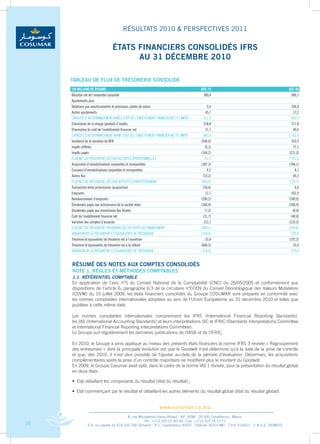 RÉSULTATS 2010 & PERSPECTIVES 2011

                               ÉTATS FINANCIERS CONSOLIDÉS IFRS
                                     AU 31 DÉCEMbRE 2010

     TAbLEAU DE FLUx DE TRÉSORERIE CONSOLIDÉ
     (en Millions de diRhaM)                                                         déc-10                                           déc-09
     Résultat net de l’ensemble consolidé                                             580,4                                            560,7
     ajustements pour
     Dotations aux amortissements et provisions, pertes de valeur                         5,4                                           326,0
     autres ajustements                                                                 45,7                                             17,2
     CaPaCiTé D’auToFinanCEMEnT aPRès CoûT DE L’EnDETTEMEnT FinanCiER nET ET iMPôT     631,5                                            903,9
     Elimination de la charge (produit) d’impôts                                       218,8                                            217,8
     Elimination du coût de l’endettement financier net                                 31,7                                             40,6
     CaPaCiTé D’auToFinanCEMEnT aVanT CoûT DE L’EnDETTEMEnT FinanCiER nET ET iMPôT     882,0                                          1 162,4
     incidence de la variation du bFR                                                (546,0)                                            353,9
     impôts différés                                                                    (0,1)                                            27,1
     impôts payés                                                                    (164,2)                                          (221,3)
     FLuX nET DE TRésoRERiE Liés auX aCTiViTés oPéRaTionnELLEs                         171,7                                          1 322,2
     acquisition d’immobilisations corporelles et incorporelles                      (387,3)                                          (784,1)
     Cessions d’immobilisations corporelles et incorporelles                              4,5                                              8,1
     autres flux                                                                      (23,2)                                             49,3
     FLuX nET DE TRésoRERiE Liés auX aCTiViTés D’inVEsTissEMEnT                      (406,0)                                          (726,7)
     Transaction entre actionnaires (acquisition)                                     (50,4)                                               0,0
     Emprunts                                                                           12,7                                            432,9
     Remboursement d’emprunts                                                        (200,2)                                          (240,0)
     Dividendes payés aux actionnaires de la société mère                            (360,4)                                          (360,4)
     Dividendes payés aux minoritaires des filiales                                     (7,2)                                            (8,4)
     Coût de l’endettement financier net                                              (31,7)                                           (40,6)
     Variation des comptes d’associés                                                  153,7                                          (153,3)
     FLuX nET DE TRésoRERiE PRoVEnanT DEs aCTiViTés DE FinanCEMEnT                   (483,7)                                          (369,8)
     VaRiaTion DE La TRésoRERiE ET éQuiVaLEnTs DE TRésoRERiE                         (718,0)                                            225,6
     Trésorerie et équivalents de trésorerie net à l’ouverture                          33,4                                          (192,2)
     Trésorerie et équivalents de trésorerie net à la clôture                        (684,5)                                             33,4
     VaRiaTion DE La TRésoRERiE ET éQuiVaLEnTs DE TRésoRERiE                         (718,0)                                            225,6


     RÉSUMÉ DES NOTES AUx COMPTES CONSOLIDÉS
     NOTE 1. RÈGLES ET MÉThODES COMPTAbLES
     1.1. RéféRentiel comptable
     En	 application	 de	 l’avis	 n°5	 du	 Conseil	 National	 de	 la	 Comptabilité	 (CNC)	 du	 26/05/2005	 et	 conformément	 aux	
     dispositions	de	l’article	6,	paragraphe	6.3	de	la	circulaire	n°07/09	du	Conseil	Déontologique	des	Valeurs	Mobilières	
     (CDVM)	 du	 15	 juillet	 2009,	 les	 états	 financiers	 consolidés	 du	 Groupe	 COSUMAR	 sont	 préparés	 en	 conformité	 avec	
     les	normes	comptables	internationales	adoptées	au	sein	de	l’Union	Européenne	au	31	décembre	2010	et	telles	que	
     publiées	à	cette	même	date.

     Les	 normes	 comptables	 internationales	 comprennent	 les	 IFRS	 (International	 Financial	 Reporting	 Standards),	   	
     les	IAS	(International	Accounting	Standards)	et	leurs	interprétations	SIC	et	IFRIC	(Standards	Interpretations	Committee	
     et	International	Financial	Reporting	Interpretations	Committee).
     Le	Groupe	suit	régulièrement	les	dernières	publications	de	l’IASB	et	de	l’IFRIC.

     En	2010,	le	Groupe	a	ainsi	appliqué	au	niveau	des	présents	états	financiers	la	norme	IFRS	3	révisée	«	Regroupement	
     des	entreprises	»	dont	la	principale	évolution	est	que	le	Goodwill	n’est	déterminé	qu’à	la	date	de	la	prise	de	contrôle	
     et	 que,	 dès	 2010,	 il	 n’est	 plus	 possible	 de	 l’ajuster	 au-delà	 de	 la	 période	 d’évaluation.	 Désormais,	 les	 acquisitions	
     complémentaires	après	la	prise	d’un	contrôle	majoritaire	ne	modifient	plus	le	montant	du	Goodwill.	
     En	2009,	le	Groupe	Cosumar	avait	opté,	dans	le	cadre	de	la	norme	IAS	1	révisée,	pour	la	présentation	du	résultat	global	
     en	deux	états	:

     •	 Etat	détaillant	les	composants	du	résultat	(état	du	résultat)	;

     •	 Etat	commençant	par	le	résultat	et	détaillant	les	autres	éléments	du	résultat	global	(état	du	résultat	global).


                                                              www.cosumar.co.ma
                                        8, rue Mouatamid Ibnou Abbad - BP. 3098 - 20 300 Casablanca - Maroc
                                                  Tél.: +212 522 67 83 00 - Fax : +212 522 24 10 71
16             S.A. au capital de 419.105.700 Dirhams - R.C. Casablanca 30037 - Patente 30701380 - T.V.A. 616051 - C.N.S.S. 1928003
 