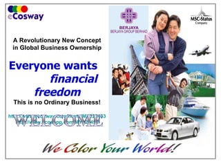 A Revolutionary New Concept in Global Business Ownership   Everyone wants  financial freedom This is no Ordinary Business! http://www.ecosway.com/home/MY028453 http://www.ecosopp.com/MY028453 