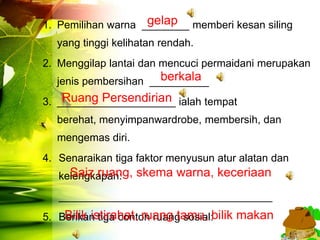 gelap
1. Pemilihan warna ________ memberi kesan siling
  yang tinggi kelihatan rendah.
2. Menggilap lantai dan mencuci permaidani merupakan
                      berkala
  jenis pembersihan __________
    Ruang Persendirian
3. ____________________ ialah tempat
  berehat, menyimpanwardrobe, membersih, dan
  mengemas diri.
4. Senaraikan tiga faktor menyusun atur alatan dan
   kelengkapan: skema warna, keceriaan
     Saiz ruang,
   ____________________________________
5. Berikan tiga contoh ruang sosial:bilik makan
    Bilik istirahat, ruang tamu,
 