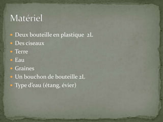 Deux bouteille en plastique  2LDes ciseauxTerreEauGrainesUn bouchon de bouteille 2LType d’eau (étang, évier)Matériel