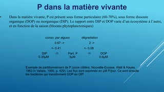 P dans la matière vivante
• Dans la matière vivante, P est présent sous forme particulaire (60-70%), sous forme dissoute
organique (DOP) ou inorganique (DIP). Le rapport entre DIP et DOP varie d’un écosystème à l’autre,
et en fonction de la saison (blooms phytoplanctoniques)
conso. par algues dégradation
0.67 -> 2 ->
<- 0.41 <- 0.08
DIP  Part. P  DOP
0.35μM 3μM 0.6μM
Exemple de partitionnement de P (zone côtière, Nouvelle-Ecosse, Watt & Hayes,
1963 in Valiela, 1995, p. 429). Les flux sont exprimés en μM P/jour. Ce sont ensuite
les bactéries qui transforment DOP en DIP.
 