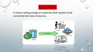 RECOVER
it means taking energy or materials from wastes to be
converted into new resources.
 