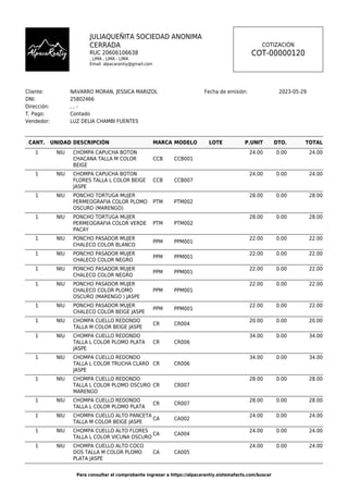 Para consultar el comprobante ingresar a https://alpacarantiy.sistemafacts.com/buscar
JULIAQUEÑITA SOCIEDAD ANONIMA
CERRADA
RUC 20606106638
, LIMA , LIMA - LIMA
Email: alpacarantiy@gmail.com
COTIZACIÓN
COT-00000120
Cliente: NAVARRO MORAN, JESSICA MARIZOL Fecha de emisión: 2023-05-29
DNI: 25802466
Dirección: , , -
T. Pago: Contado
Vendedor: LUZ DELIA CHAMBI FUENTES
CANT. UNIDAD DESCRIPCIÓN MARCA MODELO LOTE P.UNIT DTO. TOTAL
1 NIU CHOMPA CAPUCHA BOTON
CHACANA TALLA M COLOR
BEIGE
CCB CCB001
24.00 0.00 24.00
1 NIU CHOMPA CAPUCHA BOTON
FLORES TALLA L COLOR BEIGE
JASPE
CCB CCB007
24.00 0.00 24.00
1 NIU PONCHO TORTUGA MUJER
PERMEOGRAFIA COLOR PLOMO
OSCURO (MARENGO)
PTM PTM002
28.00 0.00 28.00
1 NIU PONCHO TORTUGA MUJER
PERMEOGRAFIA COLOR VERDE
PACAY
PTM PTM002
28.00 0.00 28.00
1 NIU PONCHO PASADOR MUJER
CHALECO COLOR BLANCO
PPM PPM001
22.00 0.00 22.00
1 NIU PONCHO PASADOR MUJER
CHALECO COLOR NEGRO
PPM PPM001
22.00 0.00 22.00
1 NIU PONCHO PASADOR MUJER
CHALECO COLOR NEGRO
PPM PPM001
22.00 0.00 22.00
1 NIU PONCHO PASADOR MUJER
CHALECO COLOR PLOMO
OSCURO (MARENGO ) JASPE
PPM PPM001
22.00 0.00 22.00
1 NIU PONCHO PASADOR MUJER
CHALECO COLOR BEIGE JASPE
PPM PPM001
22.00 0.00 22.00
1 NIU CHOMPA CUELLO REDONDO
TALLA M COLOR BEIGE JASPE
CR CR004
20.00 0.00 20.00
1 NIU CHOMPA CUELLO REDONDO
TALLA L COLOR PLOMO PLATA
JASPE
CR CR006
34.00 0.00 34.00
1 NIU CHOMPA CUELLO REDONDO
TALLA L COLOR TRUCHA CLARO
JASPE
CR CR006
34.00 0.00 34.00
1 NIU CHOMPA CUELLO REDONDO
TALLA L COLOR PLOMO OSCURO
MARENGO
CR CR007
28.00 0.00 28.00
1 NIU CHOMPA CUELLO REDONDO
TALLA L COLOR PLOMO PLATA
CR CR007
28.00 0.00 28.00
1 NIU CHOMPA CUELLO ALTO PANCETA
TALLA M COLOR BEIGE JASPE
CA CA002
24.00 0.00 24.00
1 NIU CHOMPA CUELLO ALTO FLORES
TALLA L COLOR VICUNA OSCURO
CA CA004
24.00 0.00 24.00
1 NIU CHOMPA CUELLO ALTO COCO
DOS TALLA M COLOR PLOMO
PLATA JASPE
CA CA005
24.00 0.00 24.00
 