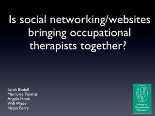 Sarah Bodell Merrolee Penman Angela Hook Will Wade Natan Berry Is social networking/websites bringing occupational therapists together?  