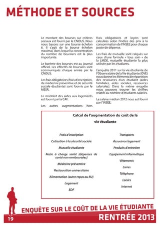 19
ENQUÊTE SUR LE COÛT DE LA VIE ÉTUDIANTE
RENTRÉE 2013
MÉTHODE ET SOURCES
Le montant des bourses sur critères
sociaux est fourni par le CNOUS. Nous
nous basons sur une bourse échelon
6. Il s’agit de la bourse échelon
maximal, dans lequel la concentration
du nombre de boursiers est la plus
importante.
Le barème des bourses est au journal
officiel. Les effectifs de boursiers sont
communiqués chaque année par le
CNOUS.
Lesfraisobligatoires(fraisd’inscription,
de médecine préventive et de sécurité
sociale étudiante) sont fournis par le
MESR.
Le montant des aides aux logements
est fourni par la CAF.
Les autres augmentations hors
frais obligatoires et loyers sont
calculées selon l’indice des prix à la
consommation de l’INSEE pour chaque
poste de dépense.
Les frais de mutuelle sont calqués sur
ceux d’une formule « tous soin » de
la LMDE, mutuelle étudiante la plus
utilisée par les étudiants.
L’enquête 2011 sur la vie étudiante de
l’Observatoire de laVie étudiante (OVE)
nousdonnelesélémentsderépartition
des ressources d’un étudiant (aides
familiales, aides sociales, ressources
salariales). Dans la même enquête
nous pouvons trouver les chiffres
relatifs au nombre d’étudiants salariés.
Le salaire médian 2012 nous est fourni
par l’INSEE.
Calcul de l’augmentation du coût de la
vie étudiante
Frais d’inscription
Cotisation à la sécurité sociale
Mutuelle étudiante
Reste à charge santé (dépenses de
santé non remboursées)
Médecine préventive
Restauration universitaire
Alimentation (autre repas au RU)
Logement
EDF
Transports
Assurance logement
Produits d’entretien
Equipement informatique
Vêtements
Livres
Téléphone
Loisirs
Internet
 