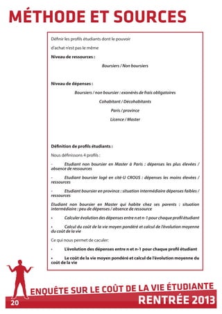 20
ENQUÊTE SUR LE COÛT DE LA VIE ÉTUDIANTE
RENTRÉE 2013
MÉTHODE ET SOURCES
Définir les profils étudiants dont le pouvoir
d’achat n’est pas le même
Niveau de ressources :
Boursiers / Non boursiers
Niveau de dépenses :
Boursiers / non boursier : exonérés de frais obligatoires
Cohabitant / Décohabitants
Paris / province
Licence / Master
Définition de profils étudiants :
Nous définissons 4 profils :
-	 Etudiant non boursier en Master à Paris : dépenses les plus élevées /
absence de ressources
-	 Etudiant boursier logé en cité-U CROUS : dépenses les moins élevées /
ressources
-	 Etudiant boursier en province : situation intermédiaire dépenses faibles /
ressources
Etudiant non boursier en Master qui habite chez ses parents : situation
intermédiaire : peu de dépenses / absence de ressource
•	 Calculer évolutiondesdépensesentrenet n-1pourchaqueprofilétudiant
•	 Calcul du coût de la vie moyen pondéré et calcul de l’évolution moyenne
du coût de la vie
Ce qui nous permet de caculer:
•	 L’évolution des dépenses entre n et n-1 pour chaque profil étudiant
•	 Le coût de la vie moyen pondéré et calcul de l’évolution moyenne du
coût de la vie
 