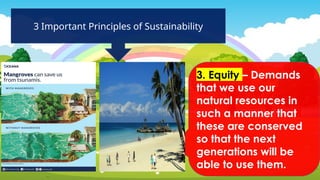 3 Important Principles of Sustainability
3. Equity – Demands
that we use our
natural resources in
such a manner that
these are conserved
so that the next
generations will be
able to use them.
 