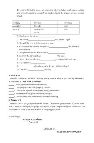 Directions: Fill in the blanks with suitable adverbs (adverbs of manner, place
and time). Choose the answer from the box. Write the answer on your answer
sheet.
correctly Upstairs yesterday
accurately Outside soon
sweetly downstairs
inside
later
1. He cleaned the carpet .
2. He aimed and hit the target.
3. She got the first prize because she sang .
4. Allan answered theMath equation and won the
competition.
5. Aling Lolita cleaned all the rooms .
6. She left the garbage bag the gate.
7. She took all the clothes the house before it rains.
8. I will call you .
9. , all my hopes and dreams will come true!
10. He walks carefully.
IV. Evaluation
Directions: Read the sentences carefully. Underline the adverbs and identify whether it
is an adverb of time, place or manner.
1. Mila joyously watched the firework.
2. The people in the mosque pray silently.
3. The Grade 4 pupils walk quietly along the corridor.
4. Nilda cheerfully approached the principal.
5. The children walk to school early in the morning.
V. Assignment
Directions: What are your plans for the future? Can you imagine yourself 10 years from
now? Construct a simple paragraph about your hopes and plans for your future self. Use
the adverb of time, place and manner in relaying your plans.
Prepared by:
AGNES V. CASTAÑEDA
Teacher III
Observed by:
LILIBETH R. BINULUAN, PhD.
 