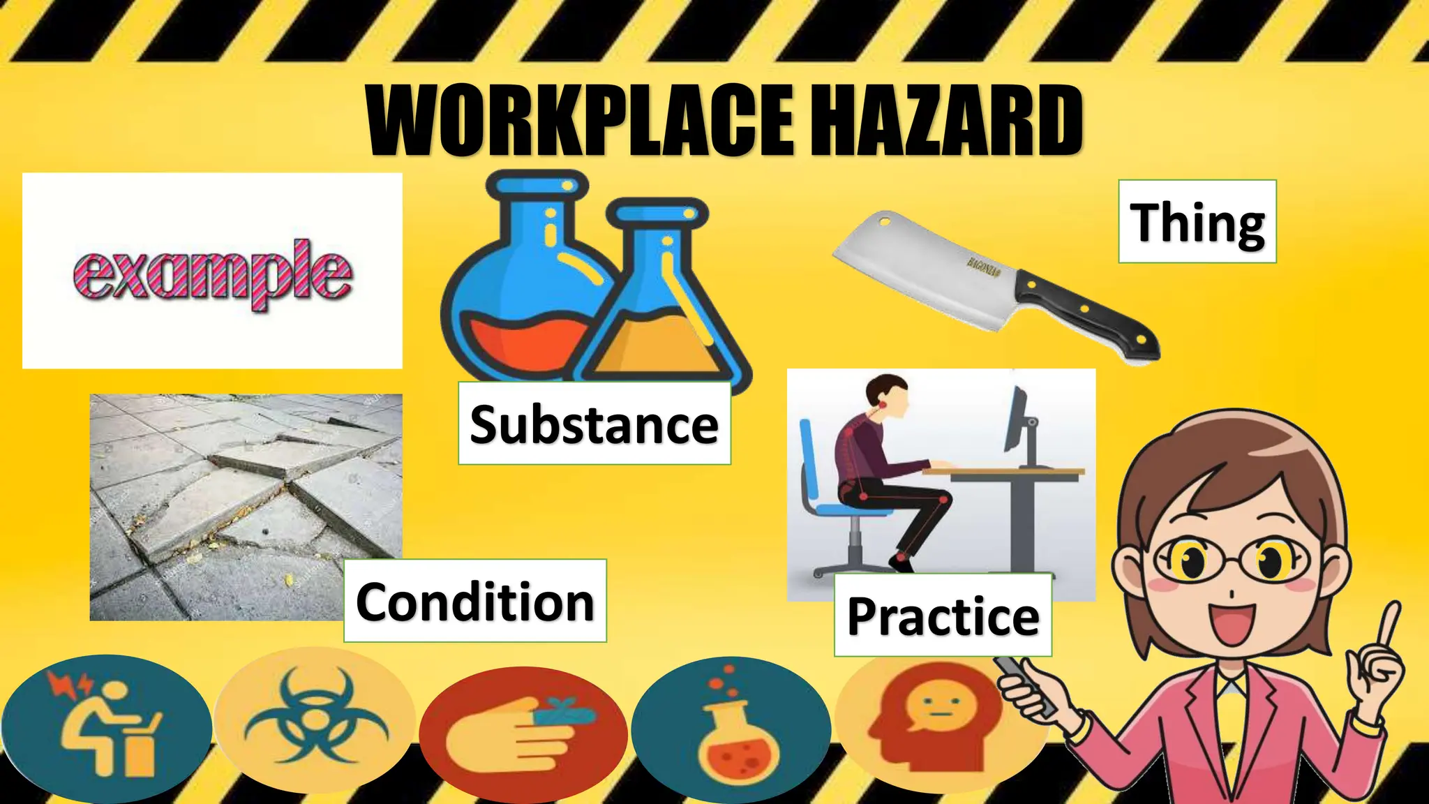HAZARD
WORKPLACEHAZARD
Substance
Thing
Condition Practice
 