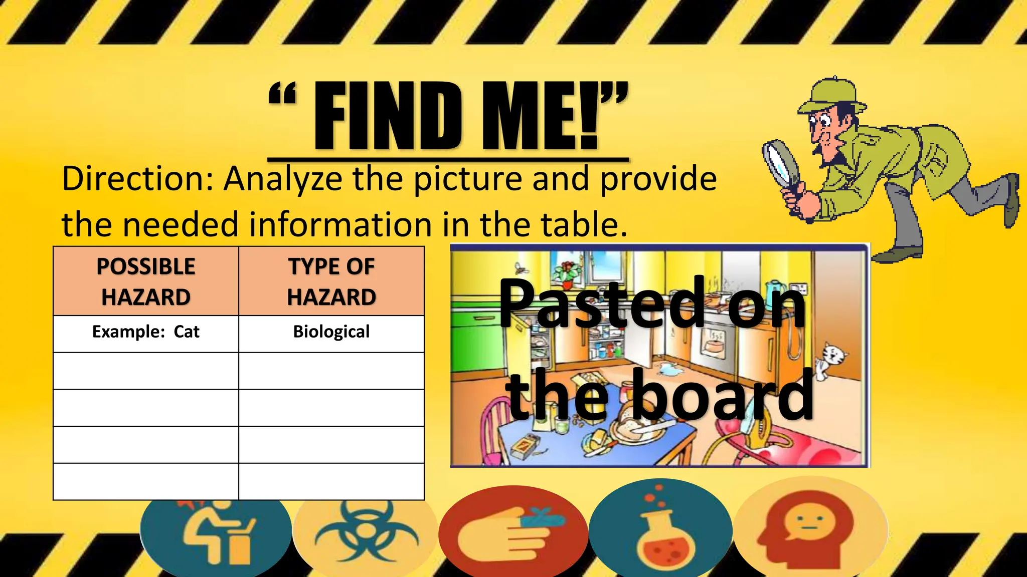 “ FIND ME!”
Direction: Analyze the picture and provide
the needed information in the table.
POSSIBLE
HAZARD
TYPE OF
HAZARD
Example: Cat Biological
Pasted on
the board
 