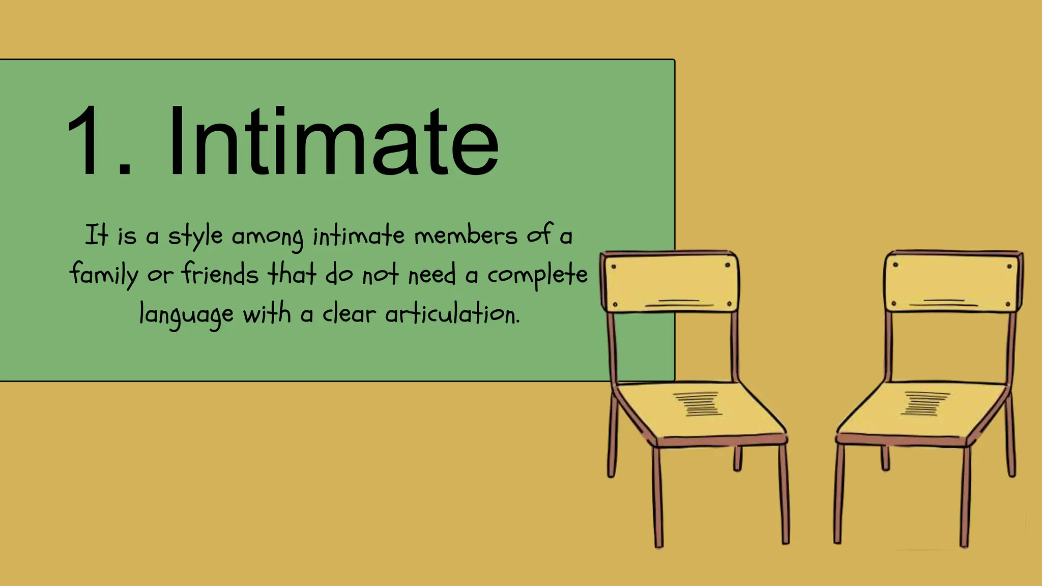 1. Intimate
It is a style among intimate members of a
family or friends that do not need a complete
language with a clear articulation.
 
