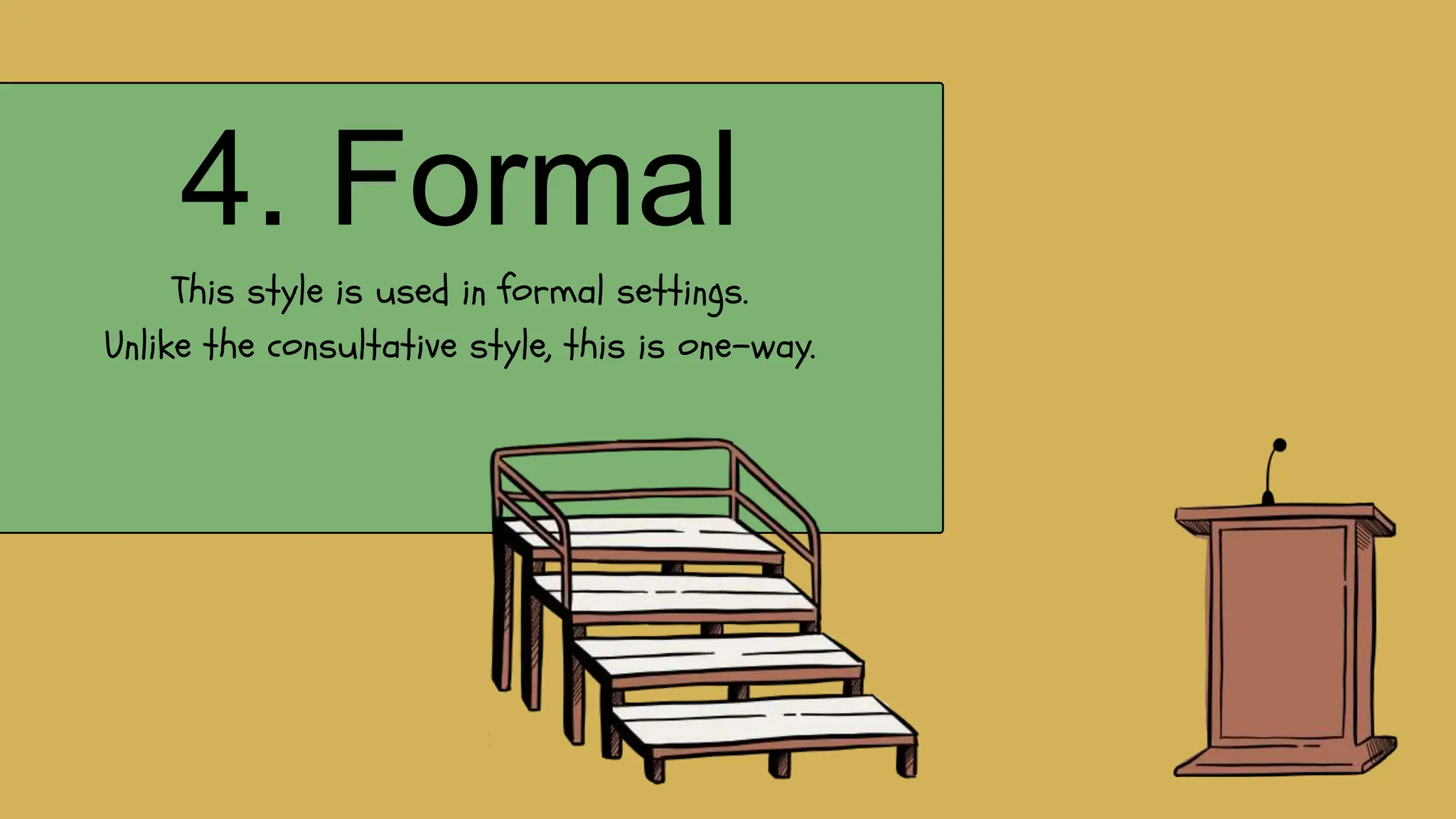4. Formal
This style is used in formal settings.
Unlike the consultative style, this is one-way.
 