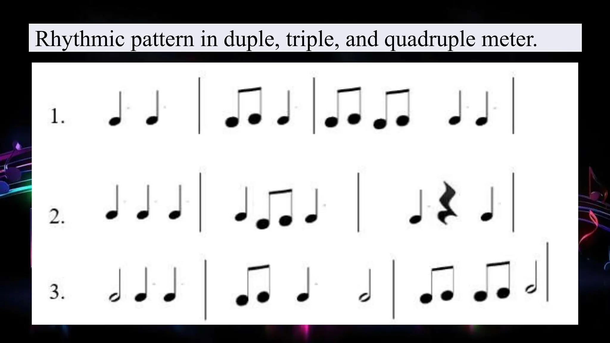 Rhythmic pattern in duple, triple, and quadruple meter.
 