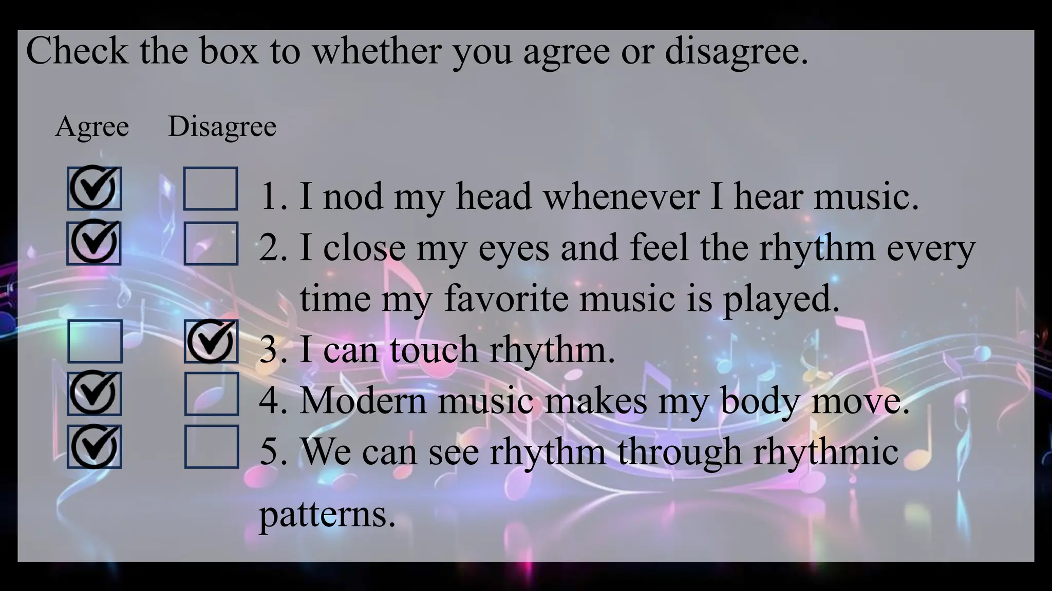 Check the box to whether you agree or disagree.
Agree Disagree
1. I nod my head whenever I hear music.
2. I close my eyes and feel the rhythm every
time my favorite music is played.
3. I can touch rhythm.
4. Modern music makes my body move.
5. We can see rhythm through rhythmic
patterns.
 