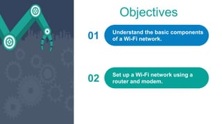 Objectives
01 Understand the basic components
of a Wi-Fi network.
02 Set up a Wi-Fi network using a
router and modem.
 
