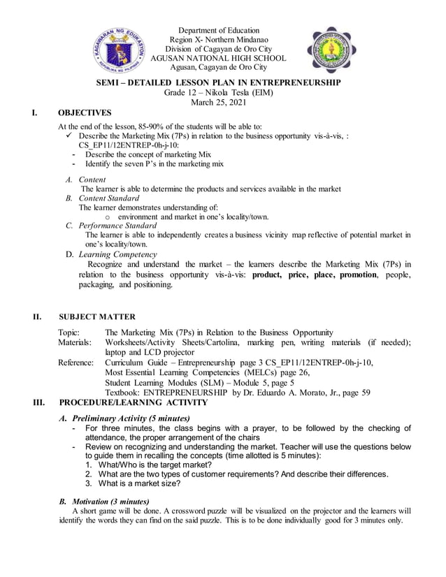 Cot 1 lesson plan entrepreneurship PDF