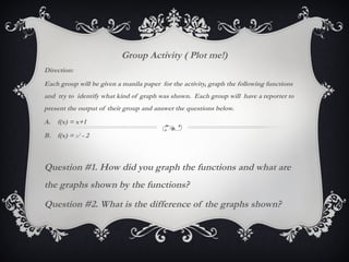 Group Activity ( Plot me!)
Direction:
Each group will be given a manila paper for the activity, graph the following functions
and try to identify what kind of graph was shown. Each group will have a reporter to
present the output of their group and answer the questions below.
A. f(x) = x+1
B. f(x) = x2
- 2
Question #1. How did you graph the functions and what are
the graphs shown by the functions?
Question #2. What is the difference of the graphs shown?
 
