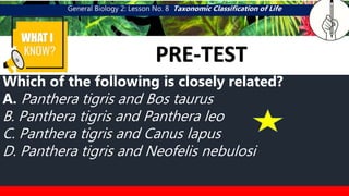 General Biology 2: Lesson No. 8 Taxonomic Classification of Life
WHAT I
PRE-TEST
CATEGORY 3
BAYAN SA FIRST
DISTRICT NG QUEZON
Which of the following is closely related?
A. Panthera tigris and Bos taurus
B. Panthera tigris and Panthera leo
C. Panthera tigris and Canus lapus
D. Panthera tigris and Neofelis nebulosi
 