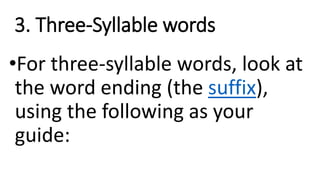 3. Three-Syllable words
•For three-syllable words, look at
the word ending (the suffix),
using the following as your
guide:
 