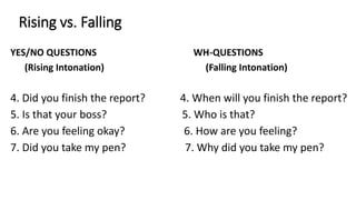 Rising vs. Falling
YES/NO QUESTIONS WH-QUESTIONS
(Rising Intonation) (Falling Intonation)
4. Did you finish the report? 4. When will you finish the report?
5. Is that your boss? 5. Who is that?
6. Are you feeling okay? 6. How are you feeling?
7. Did you take my pen? 7. Why did you take my pen?
 