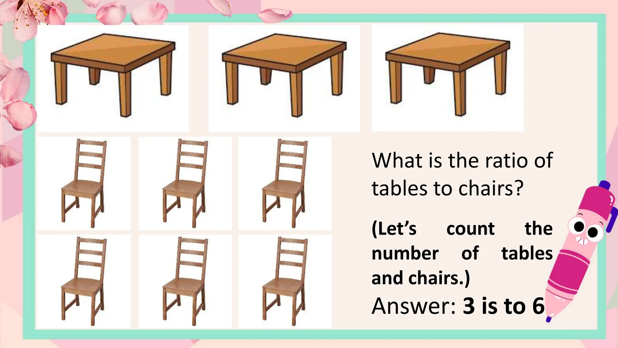What is the ratio of
tables to chairs?
(Let’s count the
number of tables
and chairs.)
Answer: 3 is to 6
 