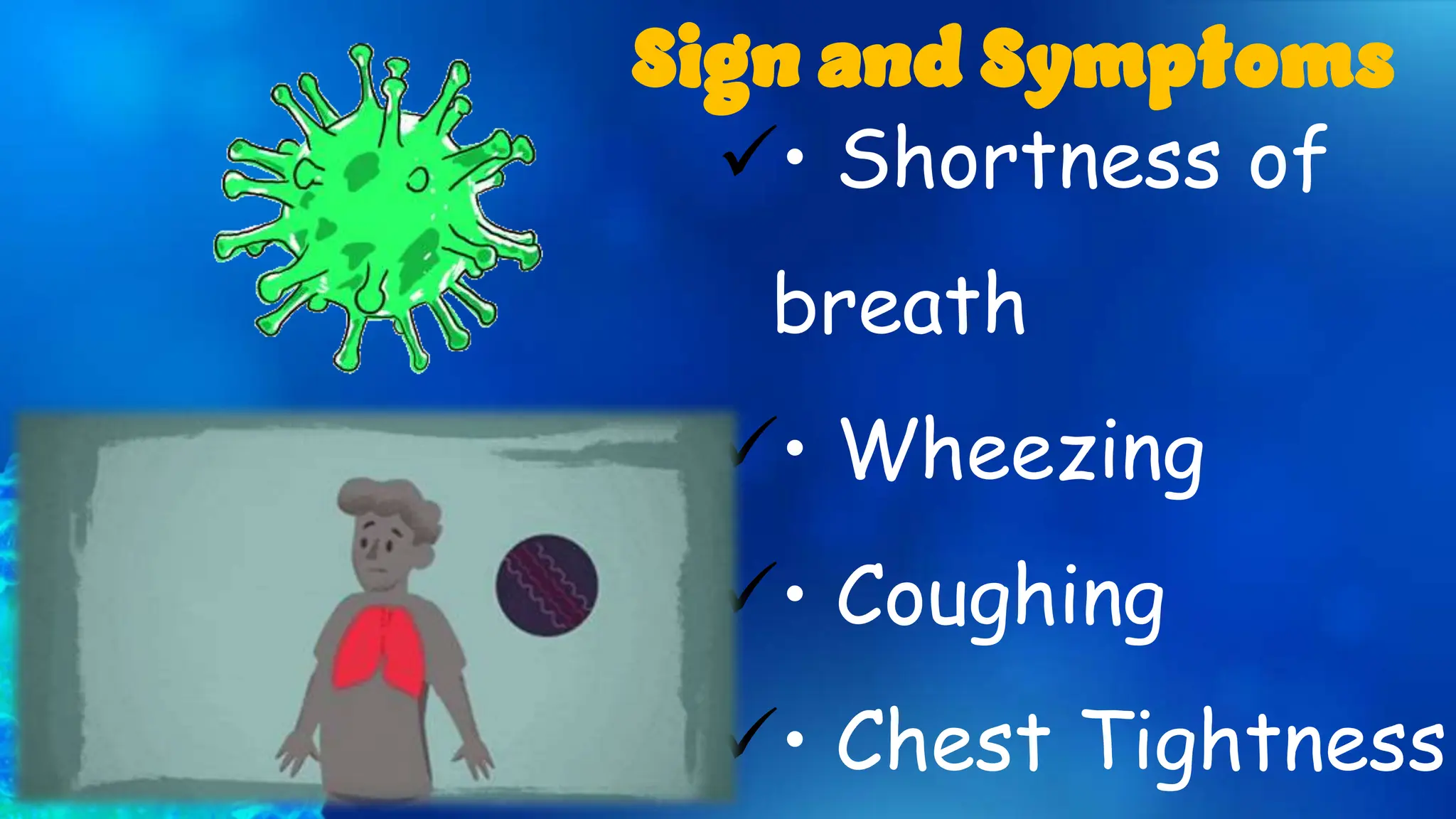 • Shortness of
breath
• Wheezing
• Coughing
• Chest Tightness
Sign and Symptoms
 