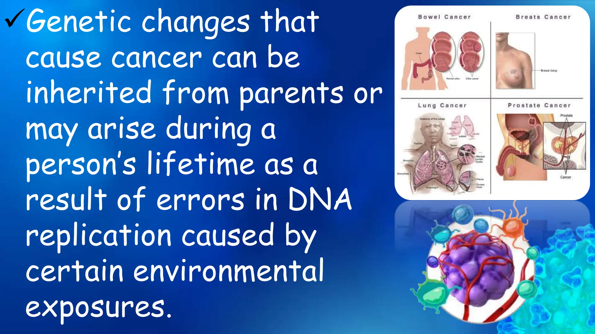 Genetic changes that
cause cancer can be
inherited from parents or
may arise during a
person’s lifetime as a
result of errors in DNA
replication caused by
certain environmental
exposures.
 