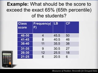Example: What should be the score to
exceed the exact 65% (65th percentile)
of the students?
Measures of Position: Percentile for Grouped Data
Class
score
Frequency(
F)
LB CF
46-50 4 45.5 50
41-45 8 40.5 46
36-40 11 35.5 38
31-35 9 30.5 27
26-30 12 25.5 18
21-25 6 20.5 6
 
