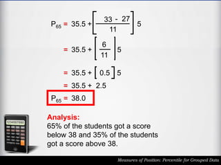 Measures of Position: Percentile for Grouped Data
P65 = 35.5 +
33 - 27
11
5
P65 = 35.5 +
6
11
5
P65 = 35.5 + 0.5 5
P65 = 35.5 + 2.5
P65 = 38.0
Analysis:
65% of the students got a score
below 38 and 35% of the students
got a score above 38.
 