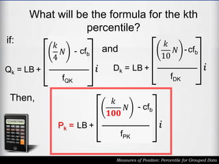 What will be the formula for the kth
percentile?
Measures of Position: Percentile for Grouped Data
Qk = LB +
𝑘
4
𝑁 - cfb
fQK
i Dk = LB +
𝑘
10
𝑁 -cfb
fDK
i
and
if:
Pk = LB +
𝑘
𝟏𝟎𝟎
𝑁 - cfb
fPK
i
Then,
 