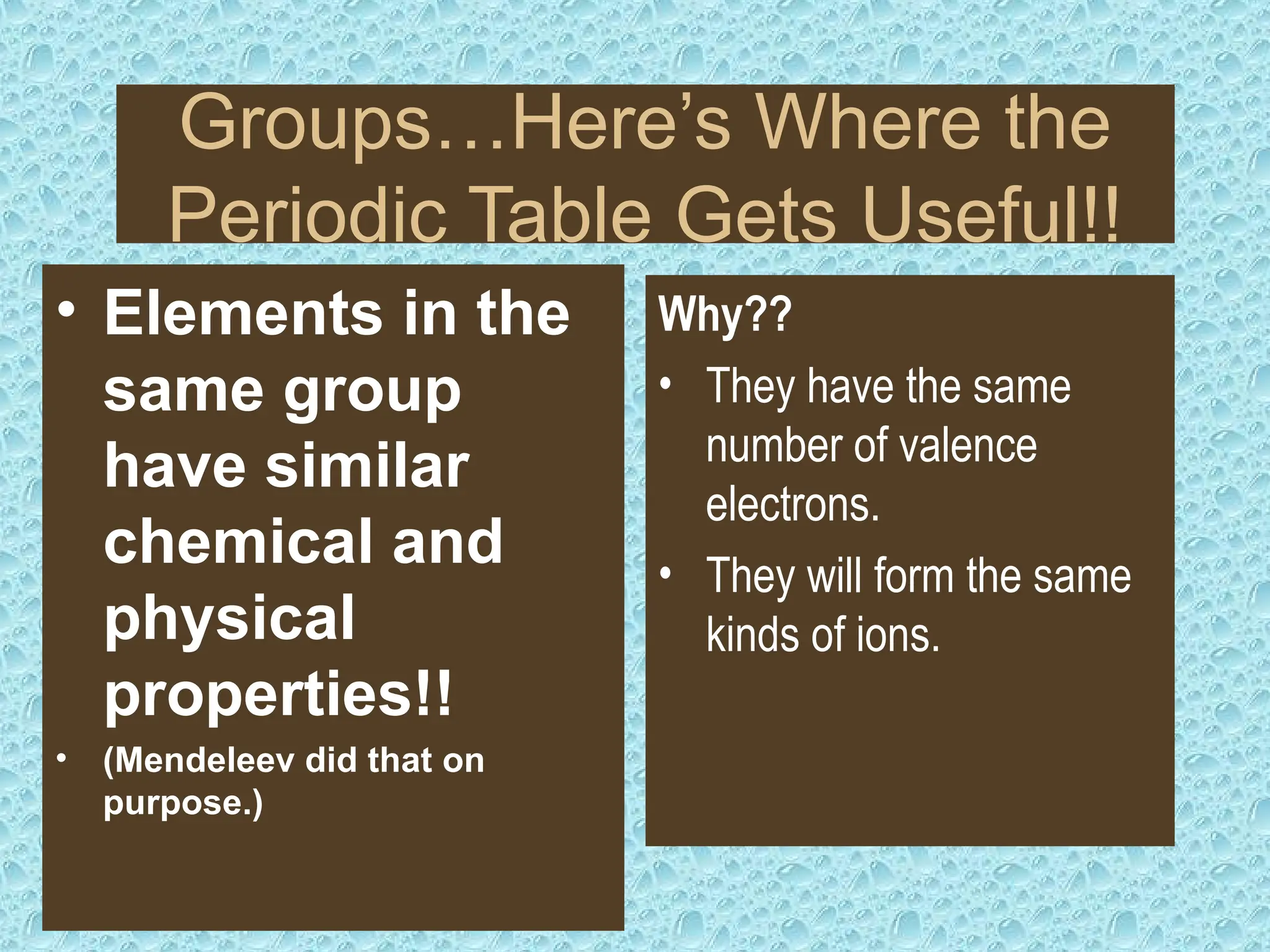 Groups…Here’s Where the
Periodic Table Gets Useful!!
• Elements in the
same group
have similar
chemical and
physical
properties!!
• (Mendeleev did that on
purpose.)
Why??
• They have the same
number of valence
electrons.
• They will form the same
kinds of ions.
 
