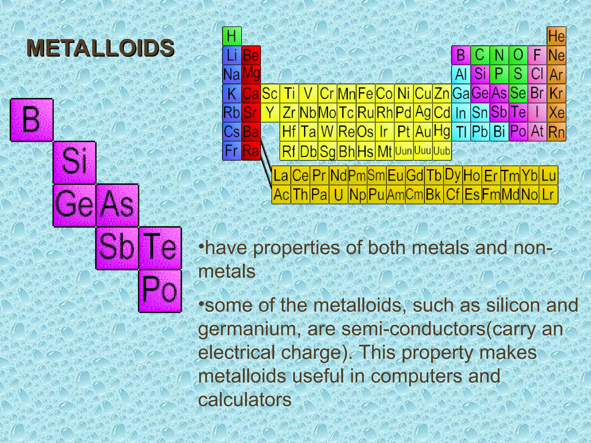 METALLOIDS
METALLOIDS
•have properties of both metals and non-
metals
•some of the metalloids, such as silicon and
germanium, are semi-conductors(carry an
electrical charge). This property makes
metalloids useful in computers and
calculators
 