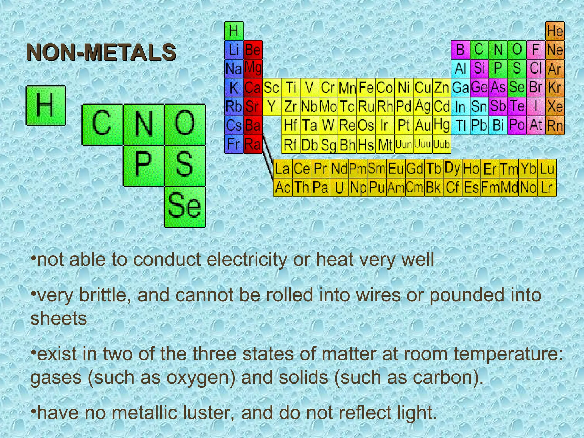 NON-METALS
NON-METALS
•not able to conduct electricity or heat very well
•very brittle, and cannot be rolled into wires or pounded into
sheets
•exist in two of the three states of matter at room temperature:
gases (such as oxygen) and solids (such as carbon).
•have no metallic luster, and do not reflect light.
 