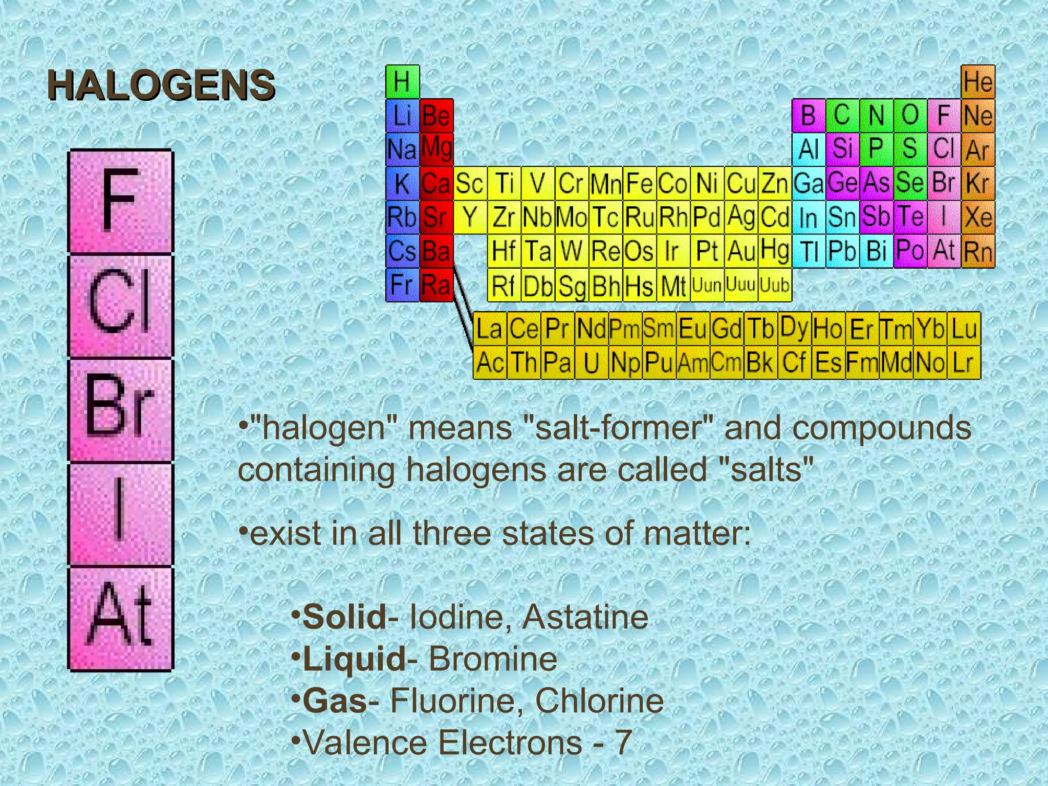 HALOGENS
HALOGENS
•"halogen" means "salt-former" and compounds
containing halogens are called "salts"
•exist in all three states of matter:
•Solid- Iodine, Astatine
•Liquid- Bromine
•Gas- Fluorine, Chlorine
•Valence Electrons - 7
 