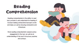 Reading
Comprehension
Reading comprehension is the ability to read
text, process it, and understand its meaning. It
involves making connections between words
and ideas, as well as drawing conclusions and
inferences.
Good reading comprehension requires active
engagement in the text, as well as an
understanding of the text’s structure, purpose,
and context.
 