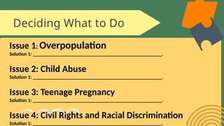Deciding What to Do
Issue 1: Overpopulation
Solution 1: ____________________________________________________.
Issue 2: Child Abuse
Solution 1: ____________________________________________________.
Issue 3: Teenage Pregnancy
Solution 1: ____________________________________________________.
Issue 4: Civil Rights and Racial Discrimination
Solution 1: ____________________________________________________.
 