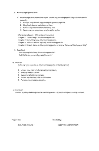 6. KasanayangPagpapayaman
A. Basahinang sumusunodnasitwasyon. Sabihinangposiblengepektokungsusundinathindi
susundin.
1. Hintayinnangtahimikangguro bagomagsimulaangklase.
2. Manalanginbagoat pagkataposngklase.
3. Pumilanangmaayossa kantinatuwingrises.
4. Ayusinangmga upuanbago umalisngsilid-aralan.
B.PangkatangGawain( DifferentiatedInstruction)
Pangkat1- - Sumulatng 5 alituntuninsapaaralan
Pangkat2- Gumuhitng isangalituntuninsapaaralan
Pangkat3- Isadulaoisakilosangisangalituntuninngpaaraln
Pangkat4- Umawit batay sa alituntuninngpaaralansa tonong “SampungMalulusogna Bata”
7. Paglalahat
Anu- anoang iba’t-ibangalituntuninngpaaralan?
Bakitkailangansumunodsamgaalituntunin?
IV.Pagtataya
Isulatang Tama kung itoay alituntuninsapaaralanat Mali kunghindi.
1. Umupo nangmaayoshabang nagtuturoang guro.
2. Makipag-awaysakaklase.
3. Sigawanang katabi na maingay.
4. Pulutinangmakitangkalatsa silid-aralan.
5. Pumasoknangmaaga sa paaralan.
V.Kasunduan
Gumuhitngisanglarawanng magkaklase nanagpapakitangpagtutulungansaloobng paaralan.
Preparedby: Checkedby:
EVELYN DC.DANLAG JOSEPHINEE.GENOBIAGON
 