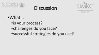 Discussion
?What
?is your process?
?challenges do you face?
?successful strategies do you use?
 
