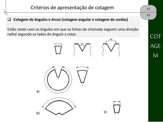 13Critérios de apresentação de cotagem
39
 Cotagem de ângulos e Arcos (cotagem angular e cotagem de cordas)
Estão neste caso os ângulos em que as linhas de chamada seguem uma direção
radial segundo os lados do ângulo a cotar.
COT
AGE
M
 