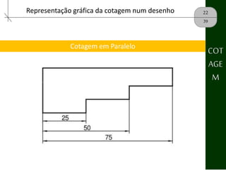 22Representação gráfica da cotagem num desenho
39
COT
AGE
M
Cotagem em Paralelo
 