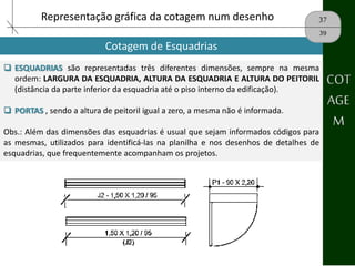 Cotagem de Esquadrias
37
39
COT
AGE
M
Representação gráfica da cotagem num desenho
 ESQUADRIAS são representadas três diferentes dimensões, sempre na mesma
ordem: LARGURA DA ESQUADRIA, ALTURA DA ESQUADRIA E ALTURA DO PEITORIL
(distância da parte inferior da esquadria até o piso interno da edificação).
 PORTAS , sendo a altura de peitoril igual a zero, a mesma não é informada.
Obs.: Além das dimensões das esquadrias é usual que sejam informados códigos para
as mesmas, utilizados para identificá‐las na planilha e nos desenhos de detalhes de
esquadrias, que frequentemente acompanham os projetos.
 