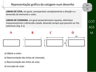 04Representação gráfica da cotagem num desenho
39
LINHAS DE COTA, em geral, acompanham completamente a direção e a
dimensão do elemento a cotar;
LINHAS DE CHAMADA, em geral perpendiculares àquelas, delimitam
inequivocamente a dimensão cotada, devendo sempre que possível ser-lhe
exteriores (Fig. 6.1)
a) Objeto a cotar;
b) Representação das linhas de chamada;
c) Representação das linhas de cota;
d) Inscrição de cotas
A B C D
COT
AGE
M
 