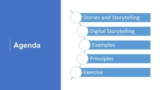Agenda
Stories and Storytelling
Digital Storytelling
Examples
Principles
Exercise
 