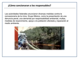 ¿Cómo sancionaran a los responsables? 
Las autoridades federales anunciaron diversas medidas contra la 
concesionaria de la mina, Grupo México, como la presentación de una 
denuncia penal, una demanda por responsabilidad ambiental, multas, 
medidas de resarcimiento, apoyo a la población afectada y reparación al 
medio ambiente. 
 