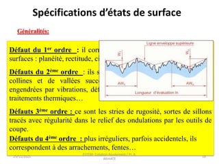Défaut du 1er ordre : il correspond aux défauts géométriques des
surfaces : planéité, rectitude, circularité…
Défauts du 2ème ordre : ils sont relatifs aux ondulations, sortes de
collines et de vallées successives, inscrites dans le profil et
engendrées par vibrations, déformation des machines, broutements,
traitements thermiques…
Défauts 3ème ordre : ce sont les stries de rugosité, sortes de sillons
tracés avec régularité dans le relief des ondulations par les outils de
coupe.
Défauts du 4ème ordre : plus irréguliers, parfois accidentels, ils
correspondent à des arrachements, fentes…
25/11/2021
ESTEM- Cotation-Ajustement / Pr. A.
AKHIATE
18
Généralités:
Spécifications d’états de surface
 