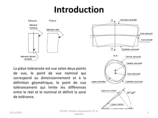 Introduction
25/11/2021
ESTEM- Cotation-Ajustement / Pr. A.
AKHIATE
2
La pièce tolérancée est vue selon deux points
de vue, le point de vue nominal qui
correspond au dimensionnement et à la
définition géométrique, le point de vue
tolérancement qui limite les différences
entre le réel et le nominal et définit la zone
de tolérance.
 
